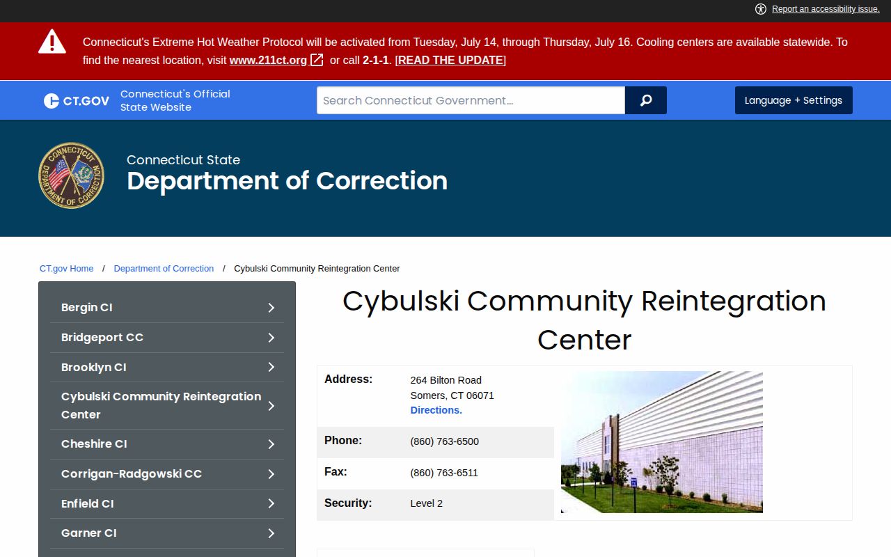 Cybulski Community Reintegration Center release lookup facility page