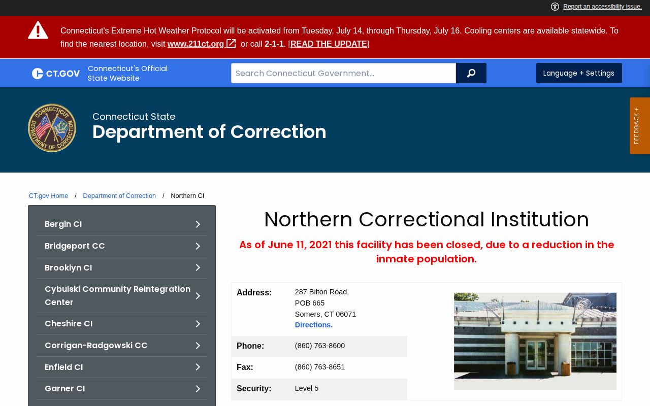 Northern Correctional Institution closed facility release records page