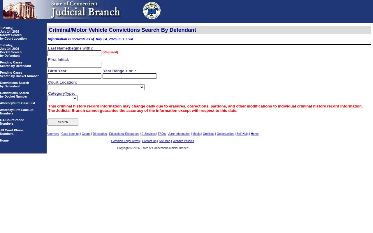 Connecticut conviction search with Tolland Judicial District court filter