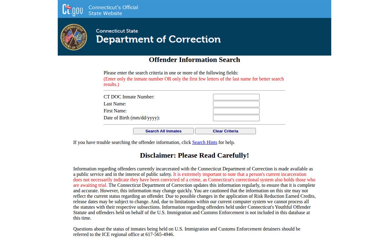 Connecticut DOC inmate information search used for Tolland County release status