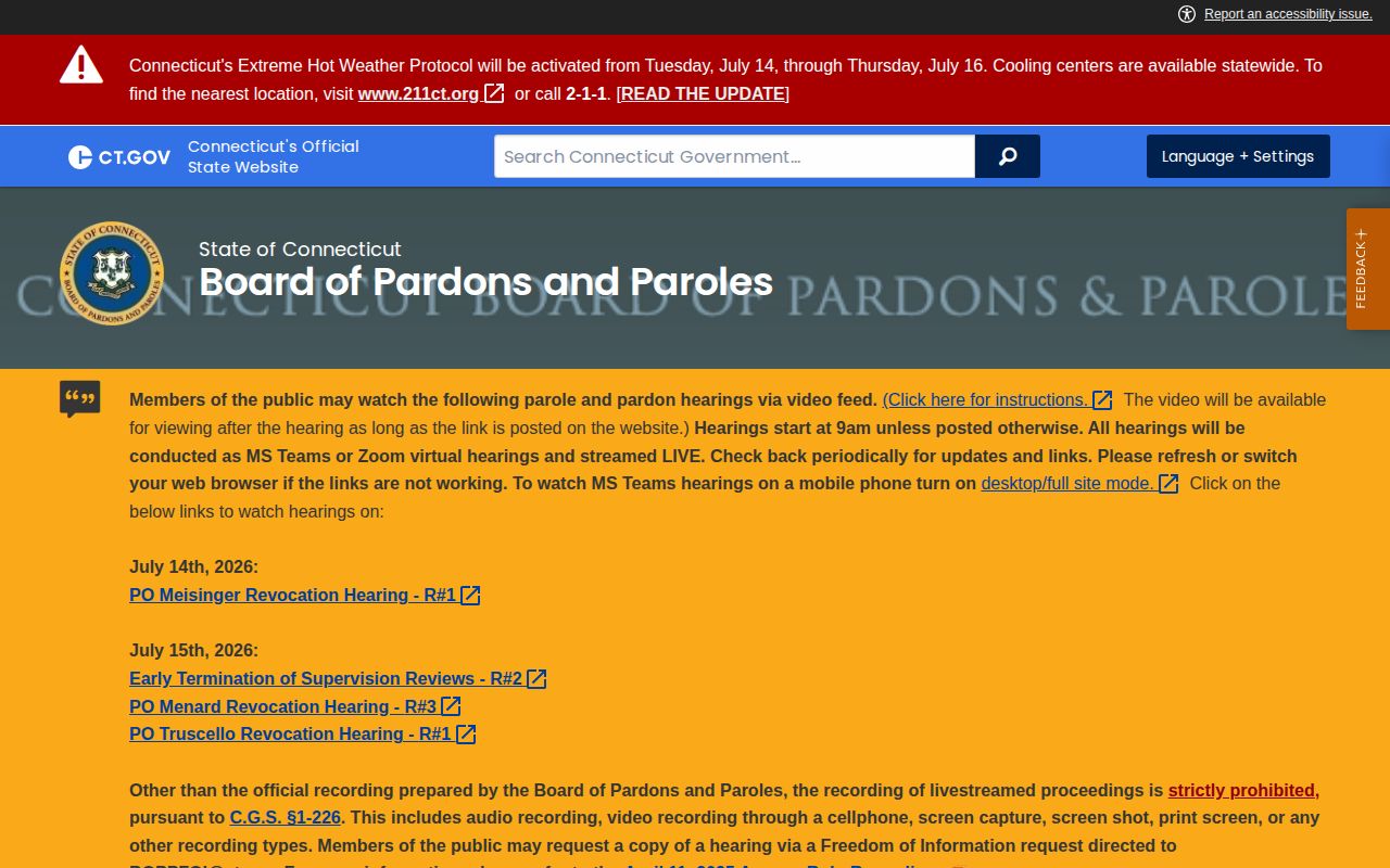 BOPP eligibility rules for Tolland County parole release dates
